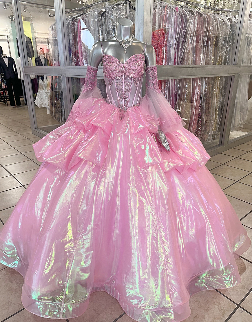 Sparkly Pink Corset Beaded Ball Gown Long Princess Quinceanera Dress with Sleeves