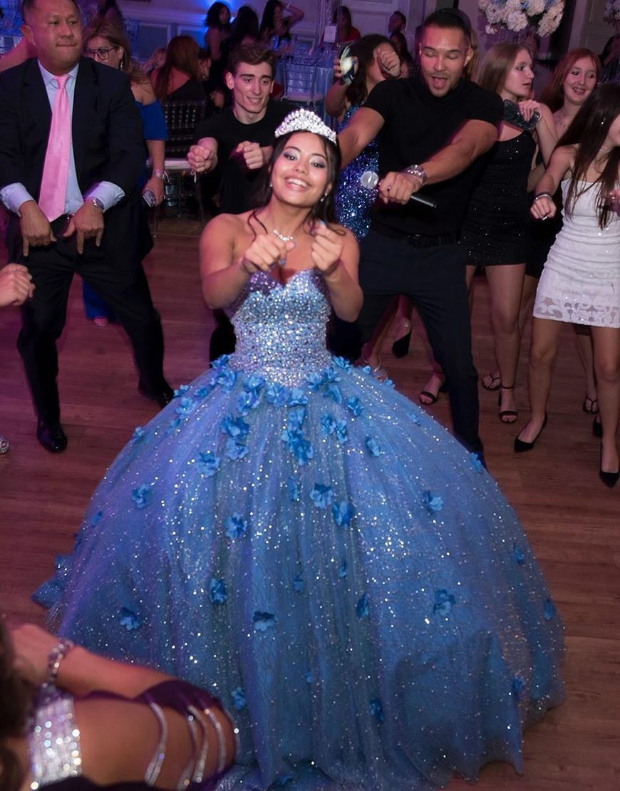 Sparkly Blue Princess Sequins Ball Gown Long Quinceanera Dress with 3D Flowers