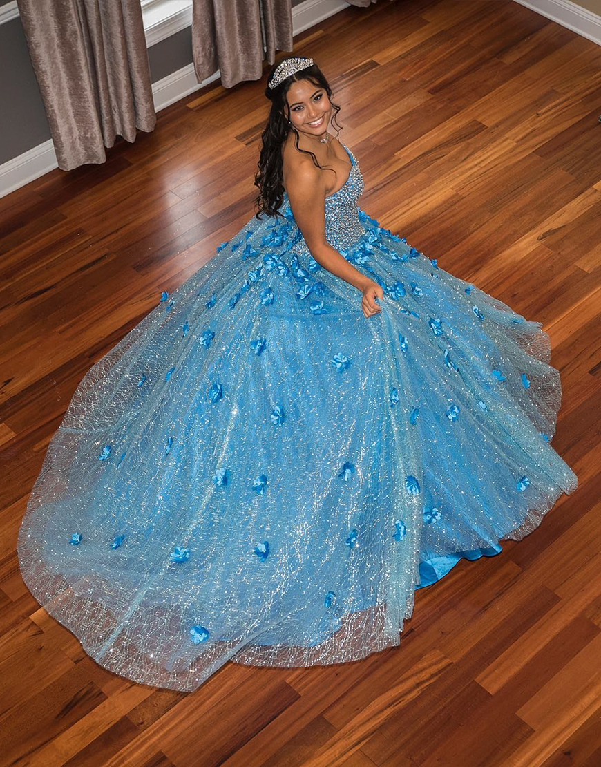 Sparkly Blue Princess Sequins Ball Gown Long Quinceanera Dress with 3D Flowers