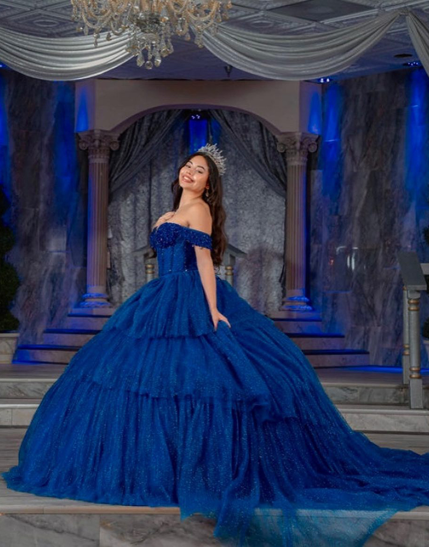 Sparkly Royal Blue Corset Tiered Tulle Princess Ball Gown Long Quinceanera Dress