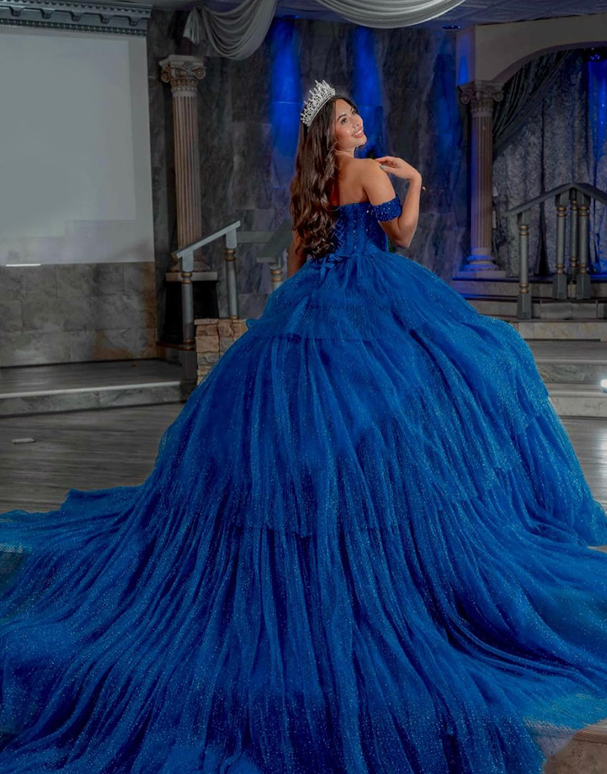 Sparkly Royal Blue Corset Tiered Tulle Princess Ball Gown Long Quinceanera Dress