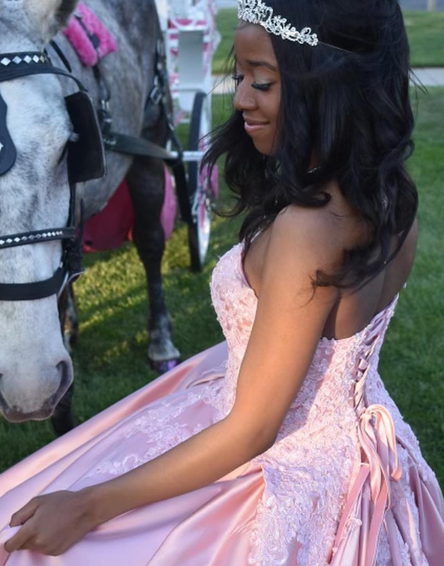 Pink Princess Sweetheart Satin Ball Gown Long Quinceanera Dress with Lace