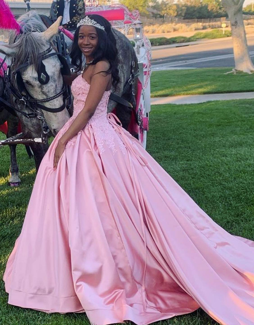 Pink Princess Sweetheart Satin Ball Gown Long Quinceanera Dress with Lace