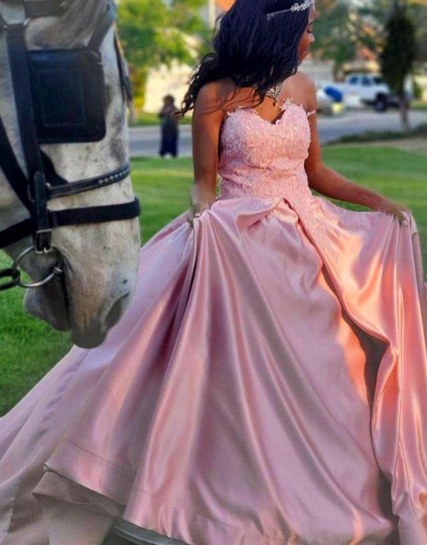 Pink Princess Sweetheart Satin Ball Gown Long Quinceanera Dress with Lace