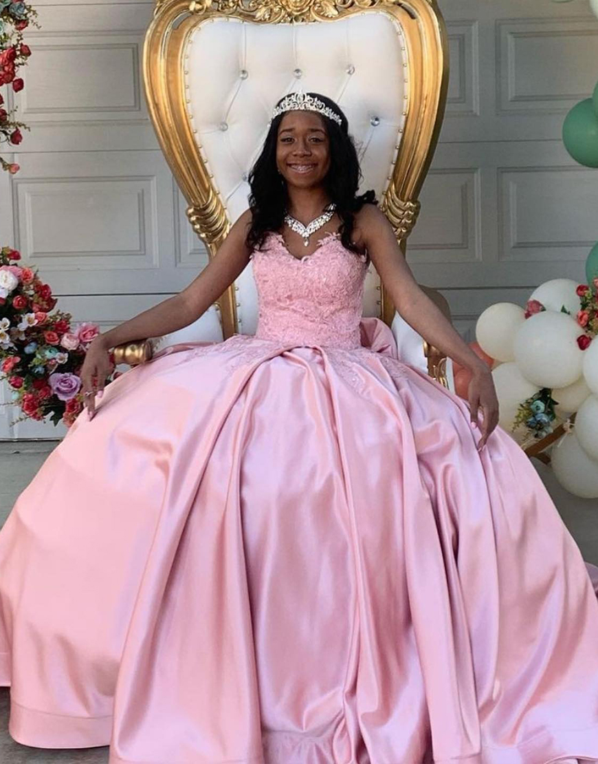 Pink Princess Sweetheart Satin Ball Gown Long Quinceanera Dress with Lace