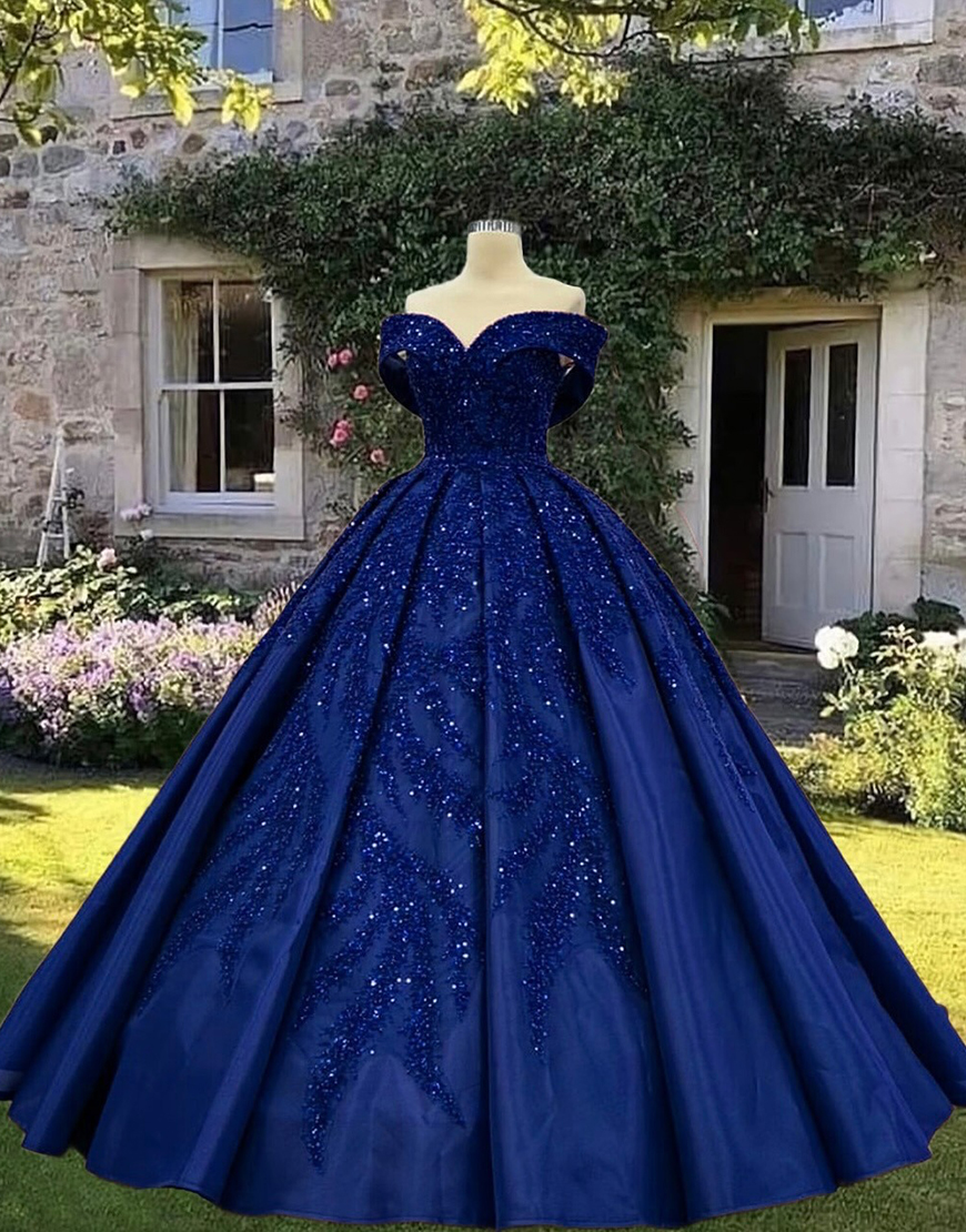 Sparkly Royal Blue Princess Ball Gown Satin Long Quinceanera Dress with Sequins