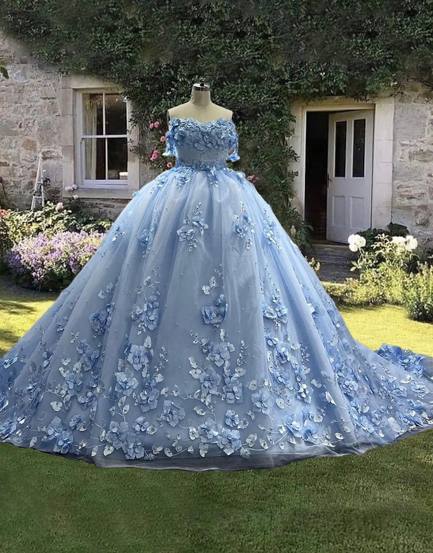 Blue Organza Floral Princess Ball Gown Long Quinceanera Dress