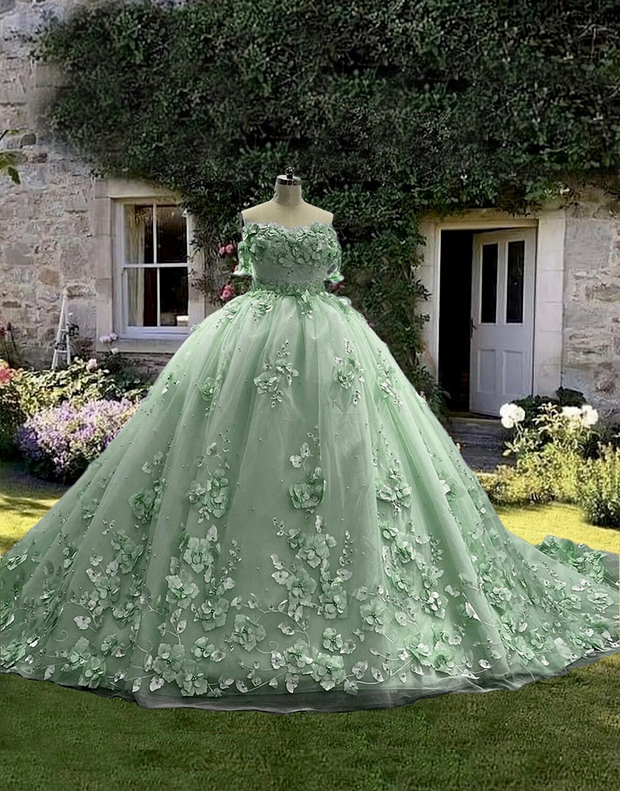 Blue Organza Floral Princess Ball Gown Long Quinceanera Dress