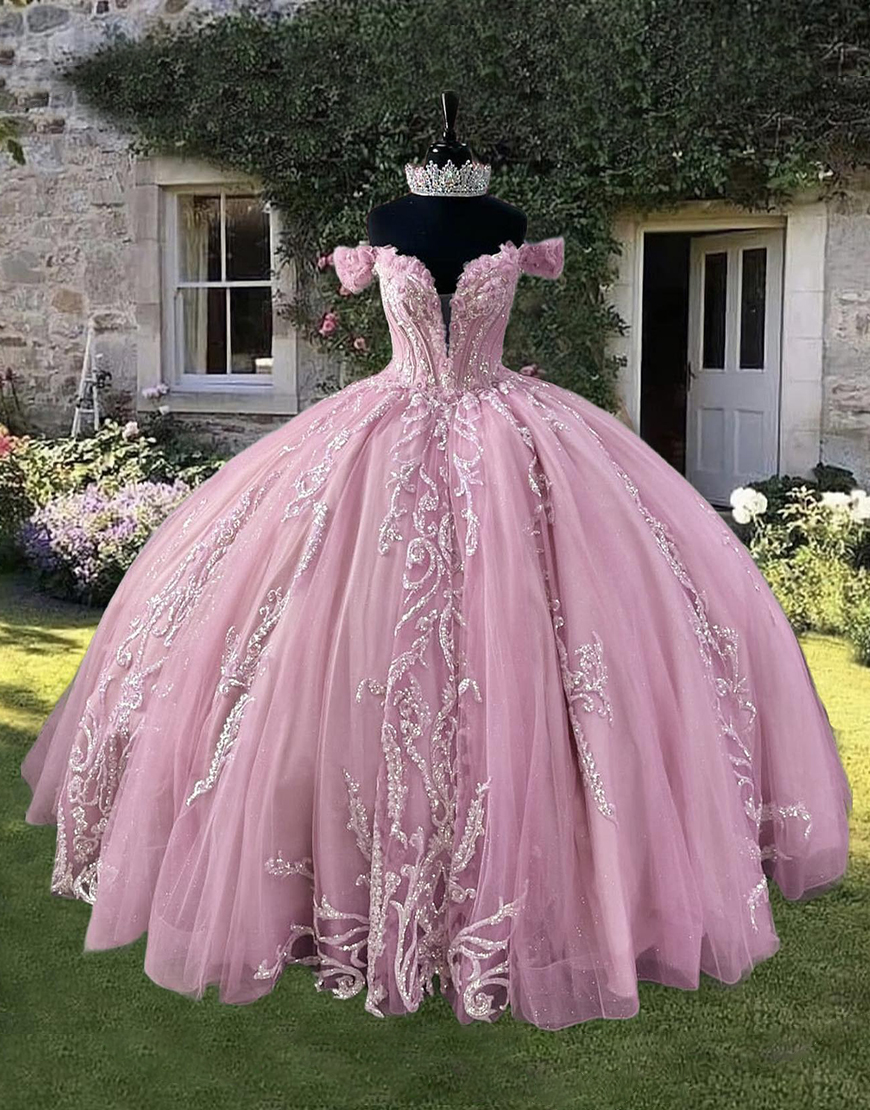 Sparkly Pink Off The Shoulder Corset Princess Ball Gown Long Quinceanera Dress with Appliques