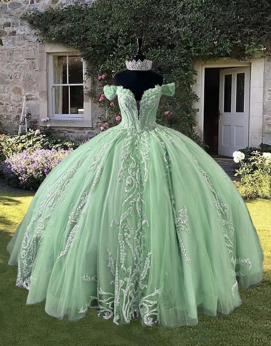 Sparkly Pink Off The Shoulder Corset Princess Ball Gown Long Quinceanera Dress with Appliques