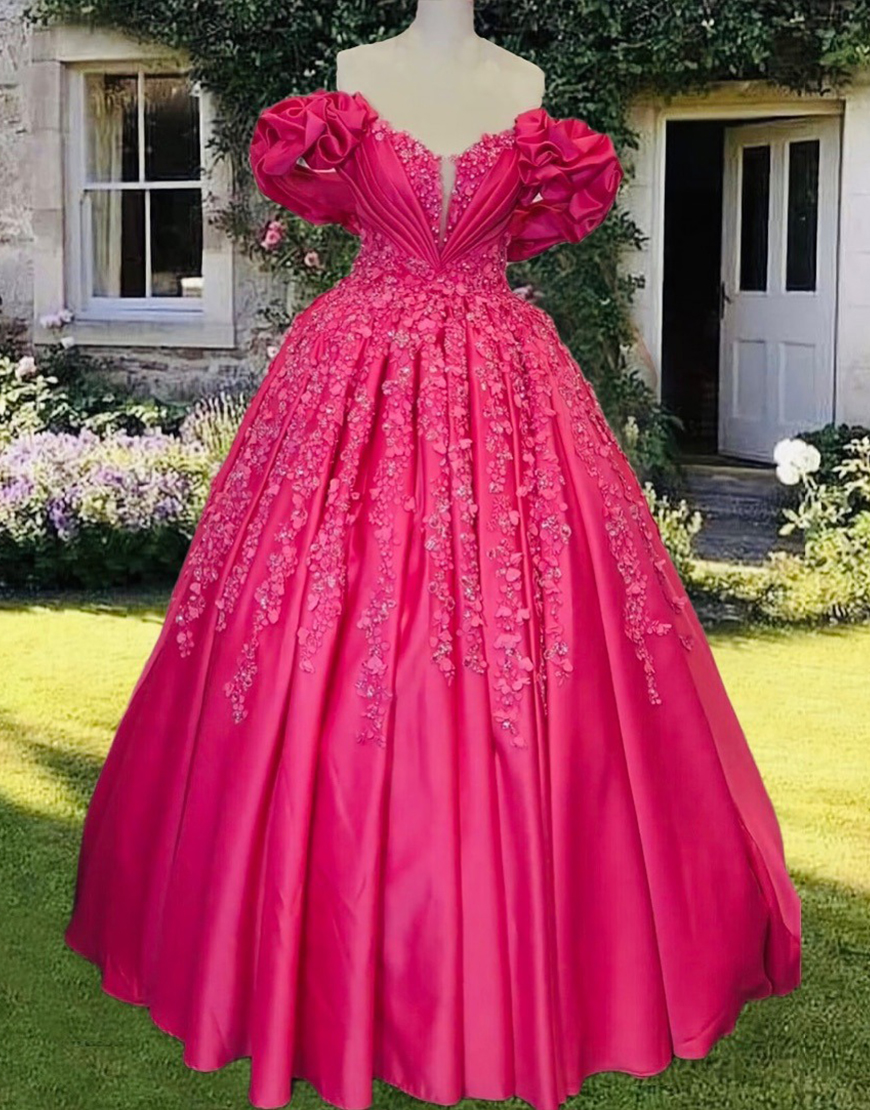 Sparkly Fuchsia Satin Appliqued Princess Ball Gown Long Quinceanera Dress with Ruffles