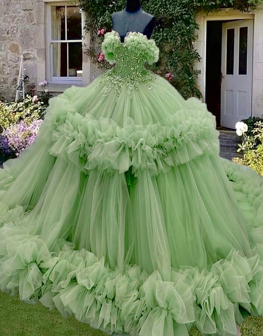 Sparkly Mint Beaded Princess Ball Gown Long Quinceanera Dress with Ruffles