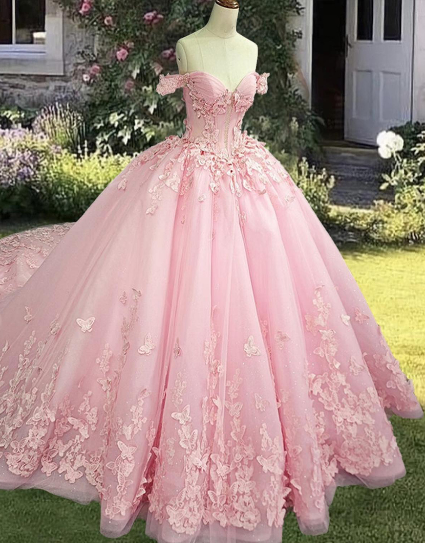 Pink Corset Tulle Princess Ball Gown Long Quinceanera Dress with Butterflies