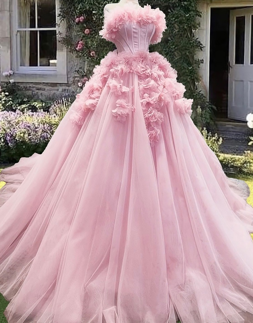 Pink Corset Tulle Floral Princess Ball Gown Long Quinceanera Dress
