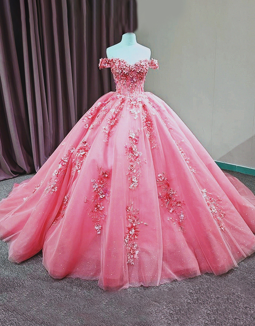 Sparkly Pink Princess Ball Gown Tulle Appliqued Long Quinceanera Dress