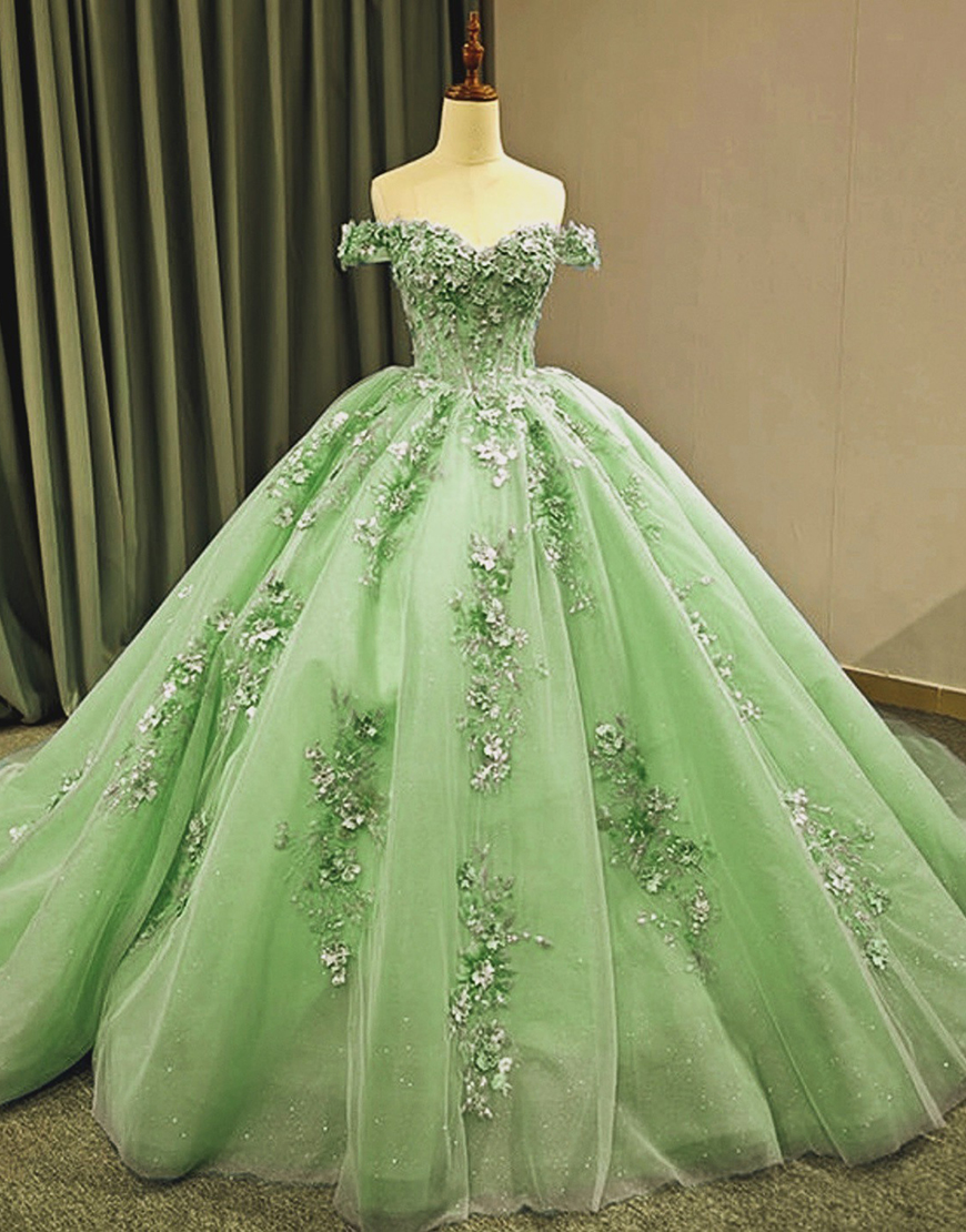 Sparkly Mint Princess Ball Gown Off The Shoulder Appliqued Tulle Long Quinceanera Dress