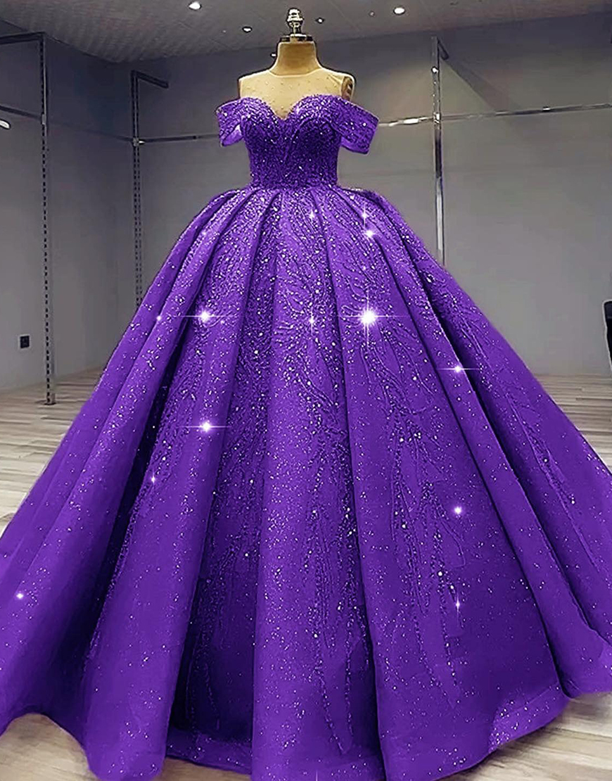 Sparkly Purple Off The Shoulder Princess Ball Gown Long Quinceanera Dress with Beading