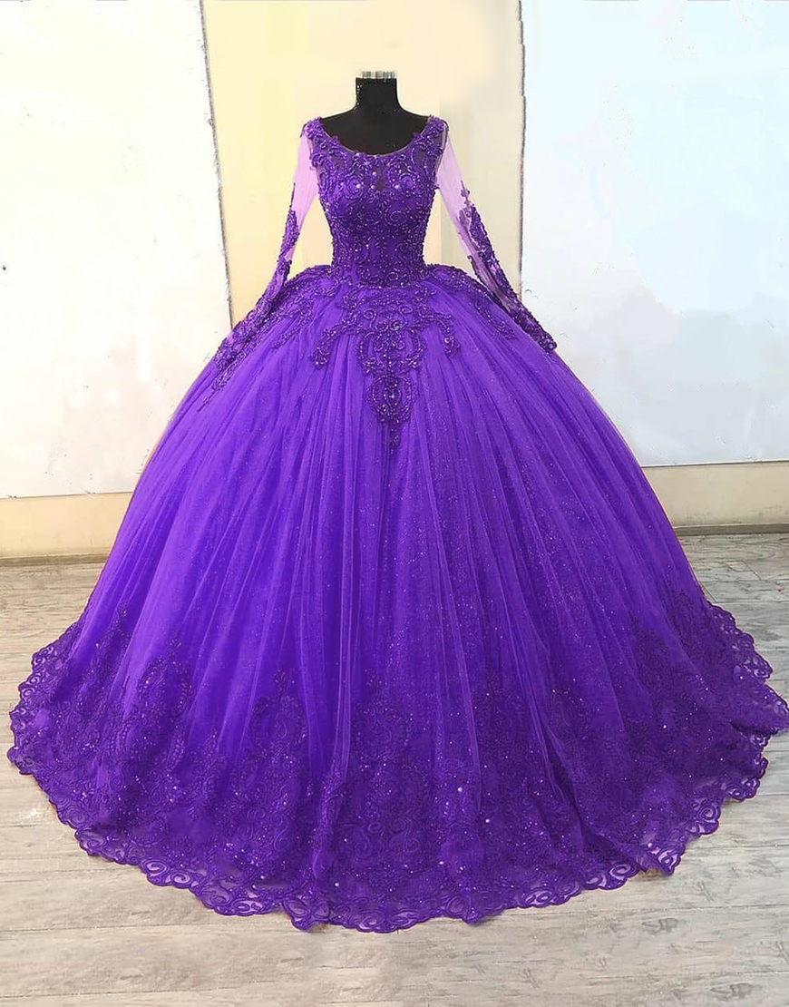 Sparkly Purple Princess Ball Gown Long Sleeves Quinceanera Dress with Appliques