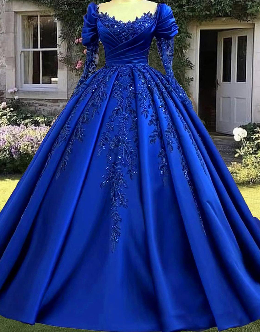 Sparkly Royal Blue Appliqued Princess Ruched Ball Gown Long Sleeves Quinceanera Dress