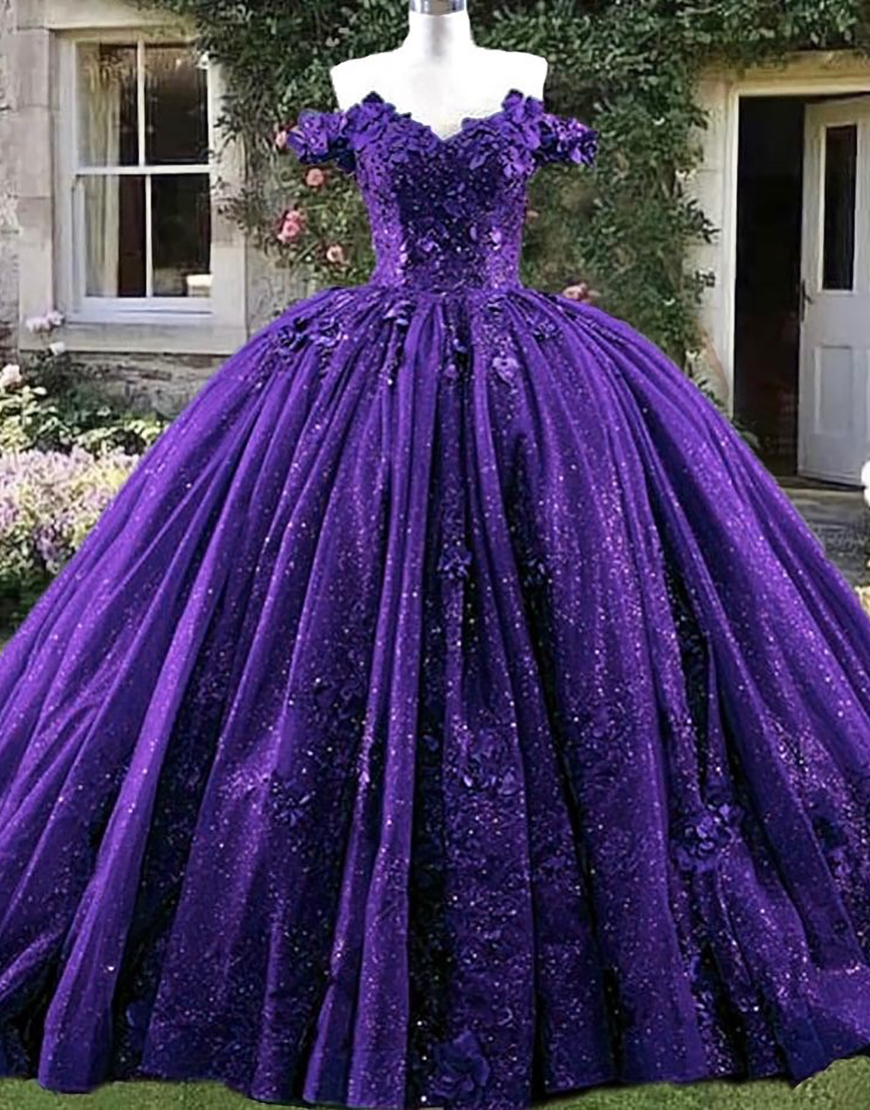 Glitter Purple Corset Off The Shoulder Princess Ball Gown Long Quinceanera Dress