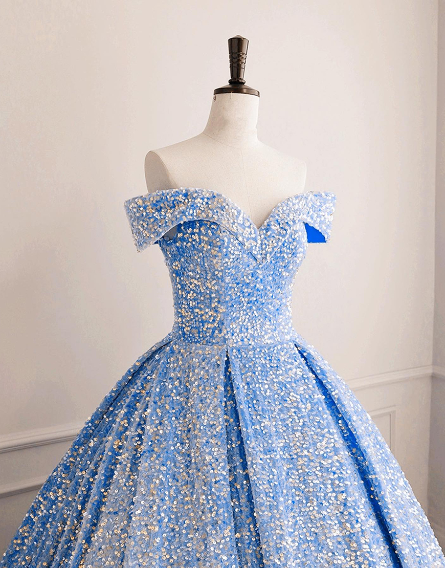Sparkly Blue Ruched Sequins Princess Ball Gown Long Quinceanera Dress