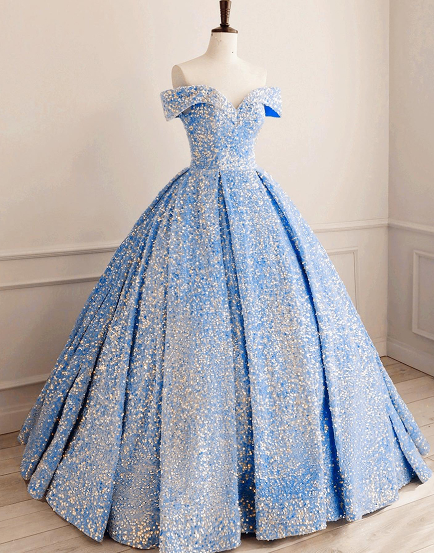 Sparkly Blue Ruched Sequins Princess Ball Gown Long Quinceanera Dress