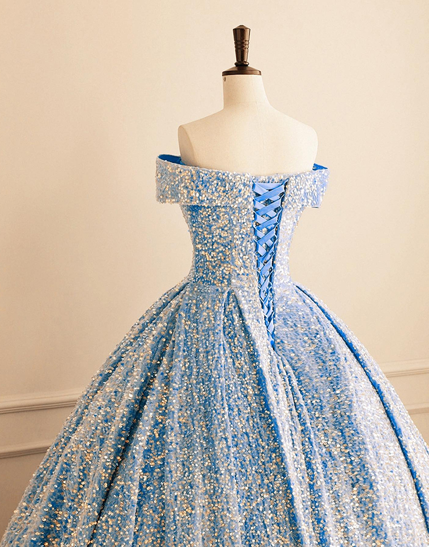 Sparkly Blue Ruched Sequins Princess Ball Gown Long Quinceanera Dress