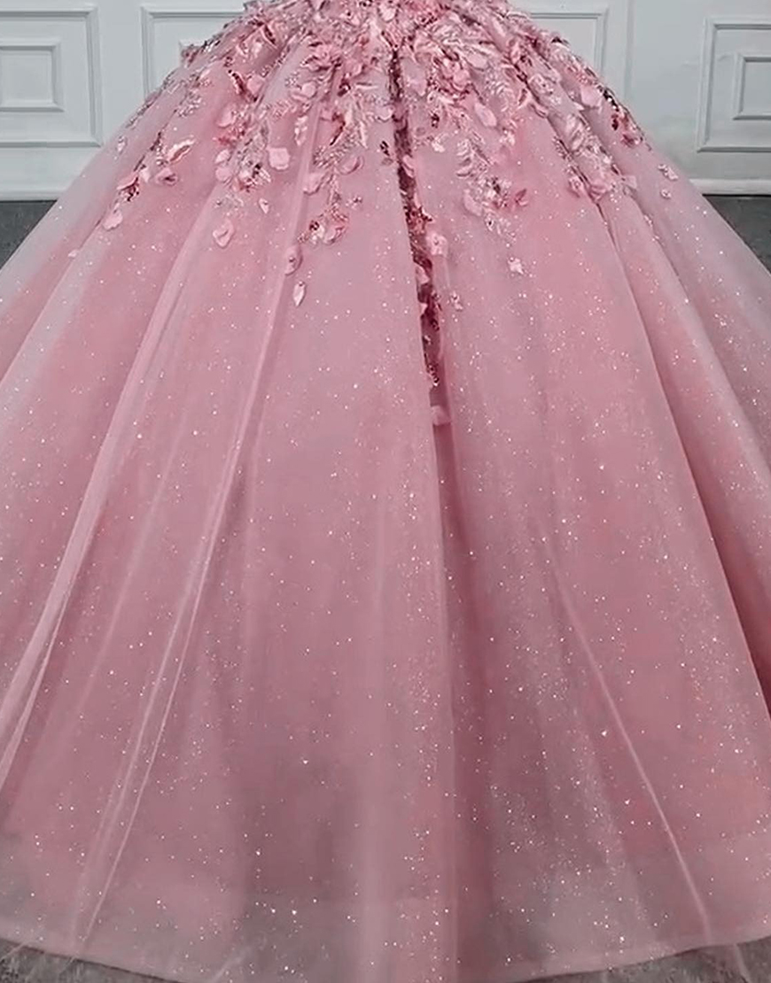 Glitter Pink Appliqued Princess Ball Gown V-Neck Long Quinceanera Dress