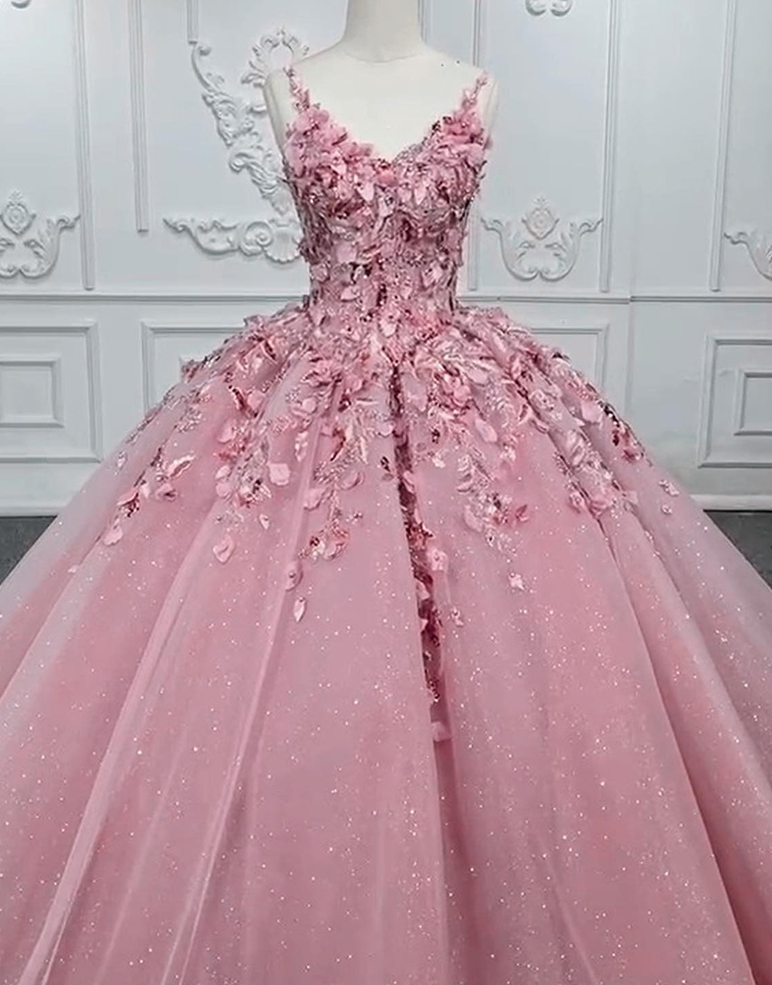 Glitter Pink Appliqued Princess Ball Gown V-Neck Long Quinceanera Dress