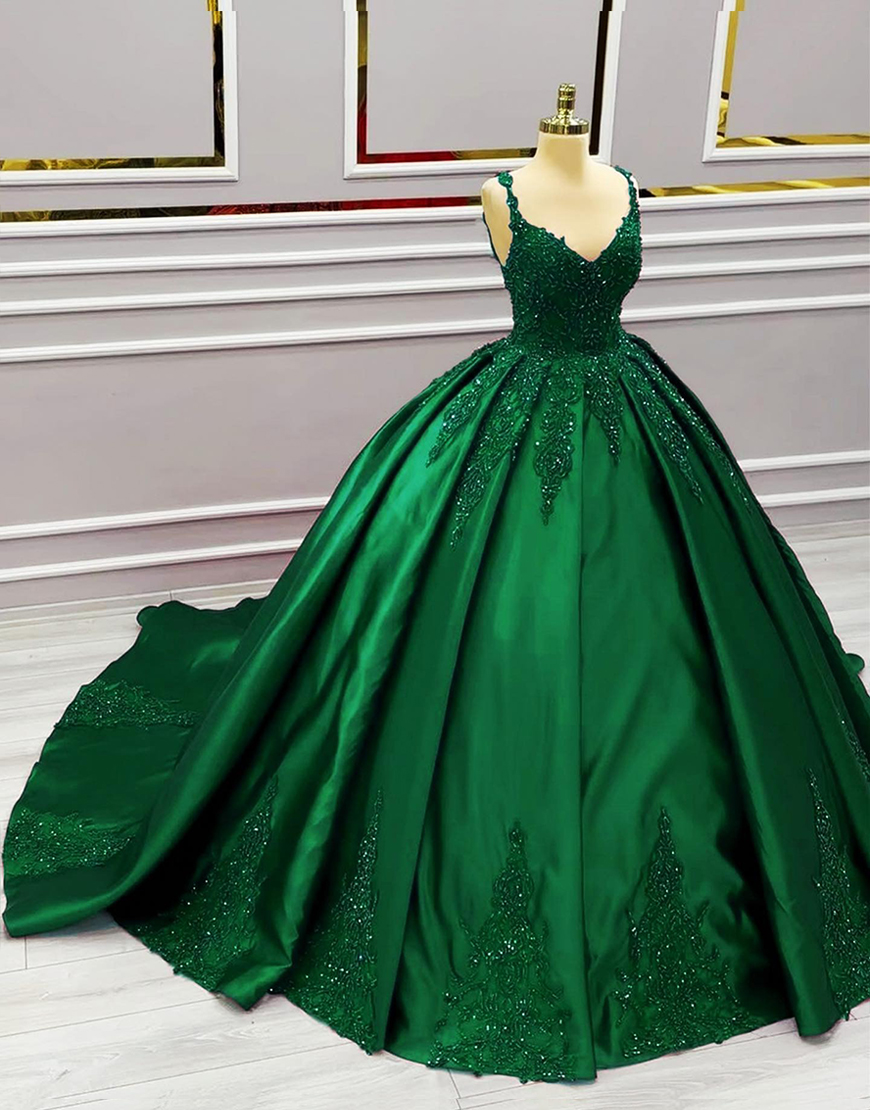Sparkly Dark Green Ruched Satin Princess Ball Gown Appliqued Long Quinceanera Dress