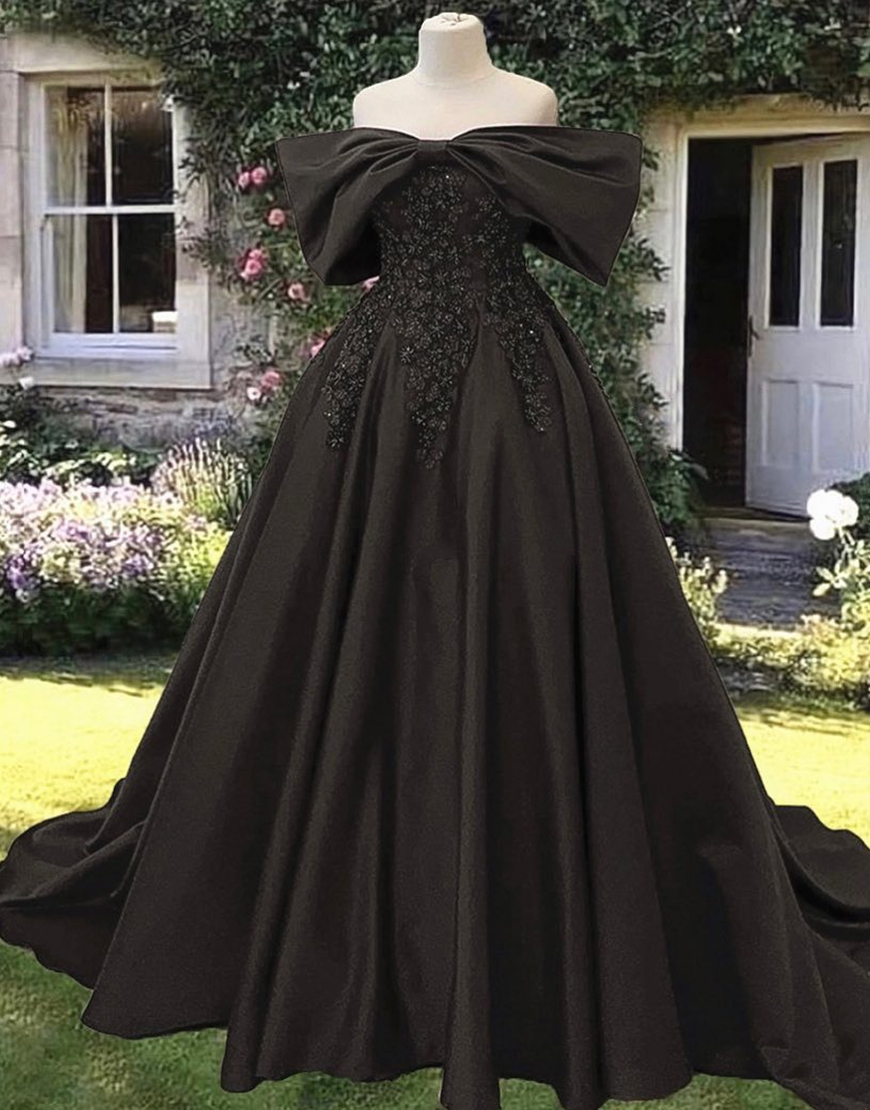 Black Off The Shoulder Princess Satin Ball Gown Long Quinceanera Dress with Lace