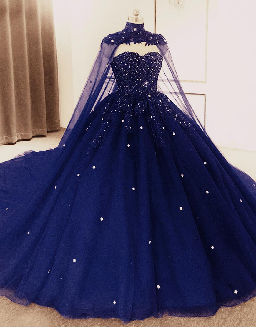 Sparkly Navy Beaded Tulle Princess Ball Gown Long Quinceanera Dress with Cape