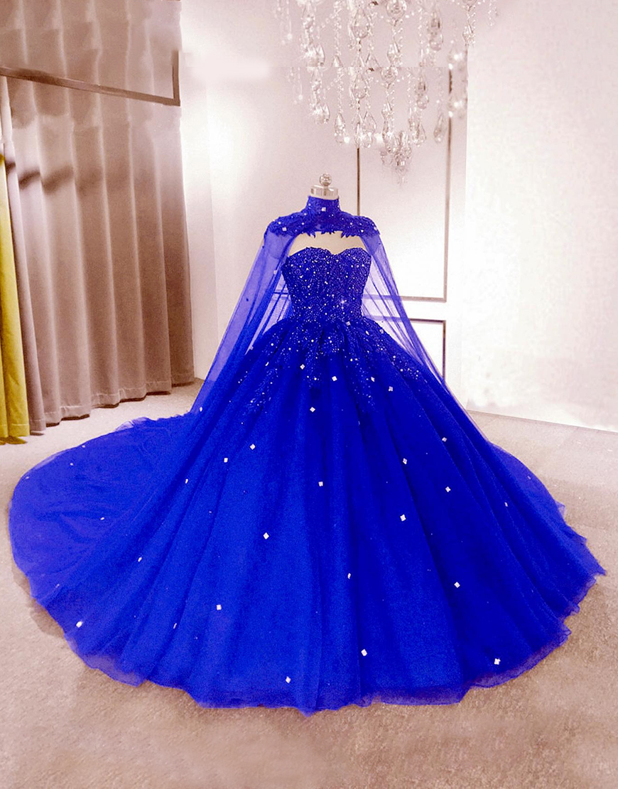 Sparkly Navy Beaded Tulle Princess Ball Gown Long Quinceanera Dress with Cape