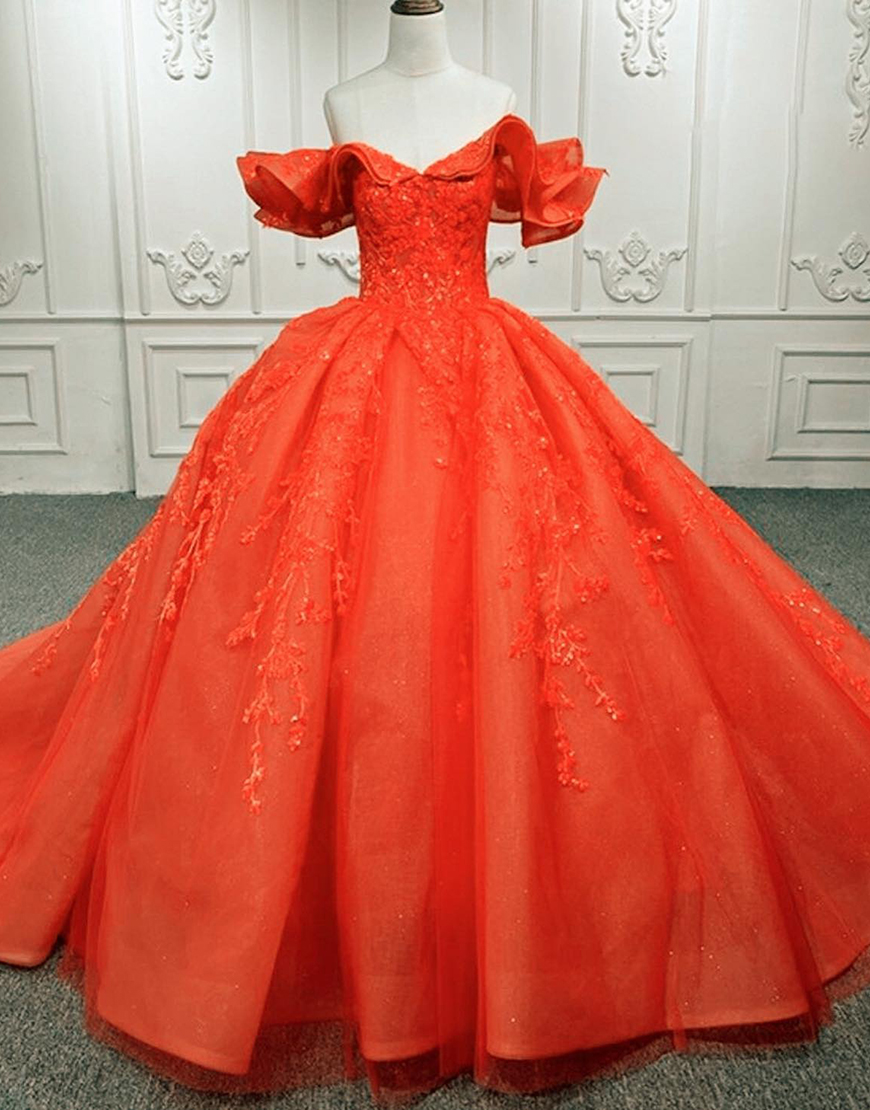 Red Off The Shoulder Appliqued Organza Ball Gown Long Quinceanera Dress with Ruffles