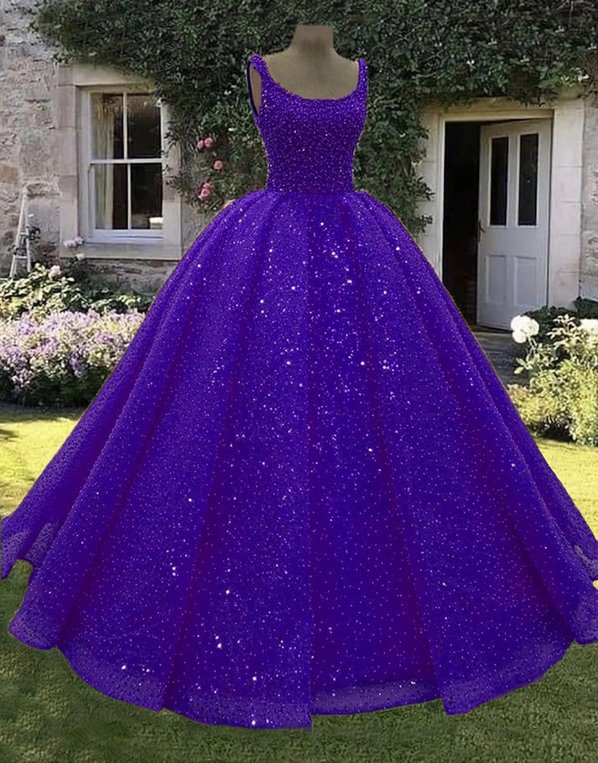 Sparkly Purple Scoop Neck Sequins Princess Ball Gown Long Quinceanera Dress