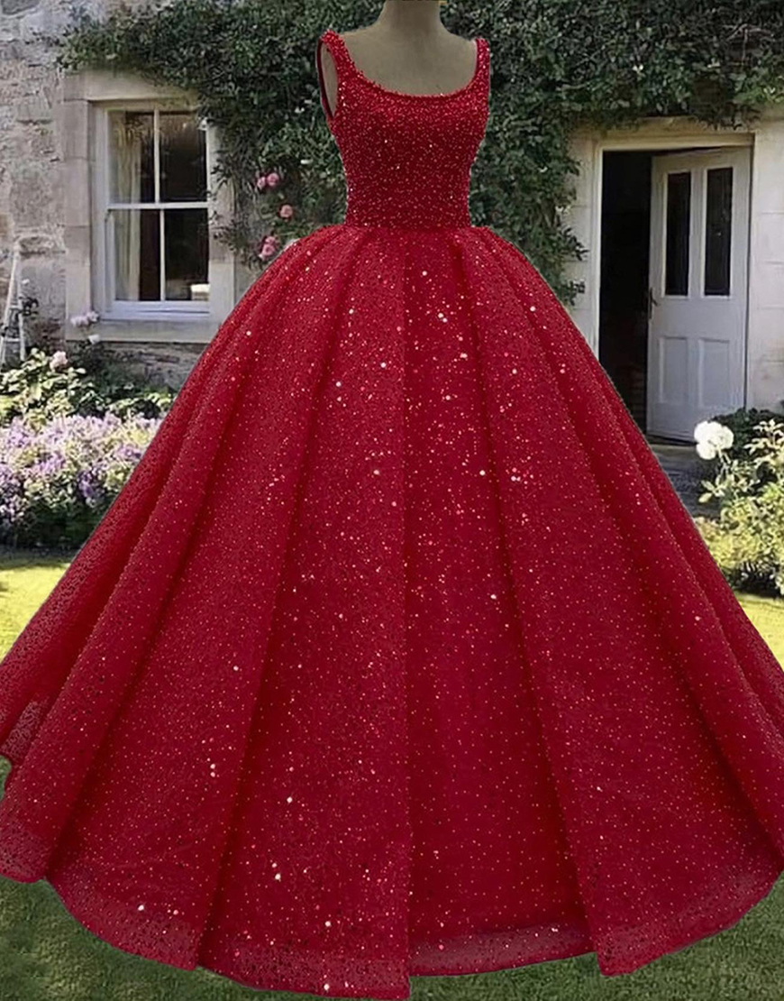 Sparkly Purple Scoop Neck Sequins Princess Ball Gown Long Quinceanera Dress