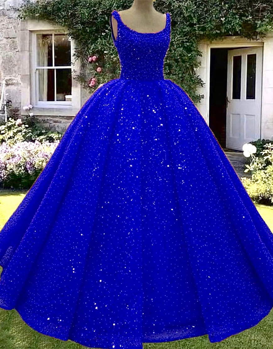 Sparkly Purple Scoop Neck Sequins Princess Ball Gown Long Quinceanera Dress