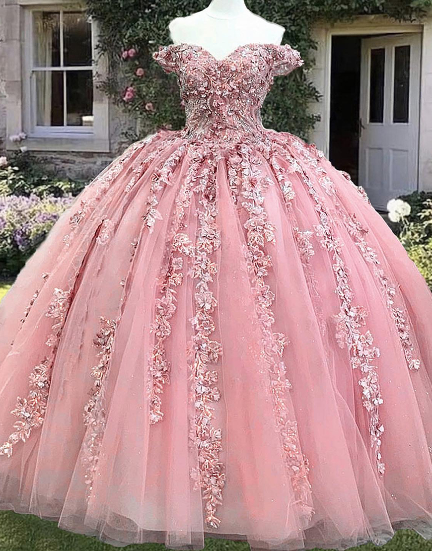 Sparkly Pink Princess Tulle Ball Gown Long Quinceanera Dress with Appliques