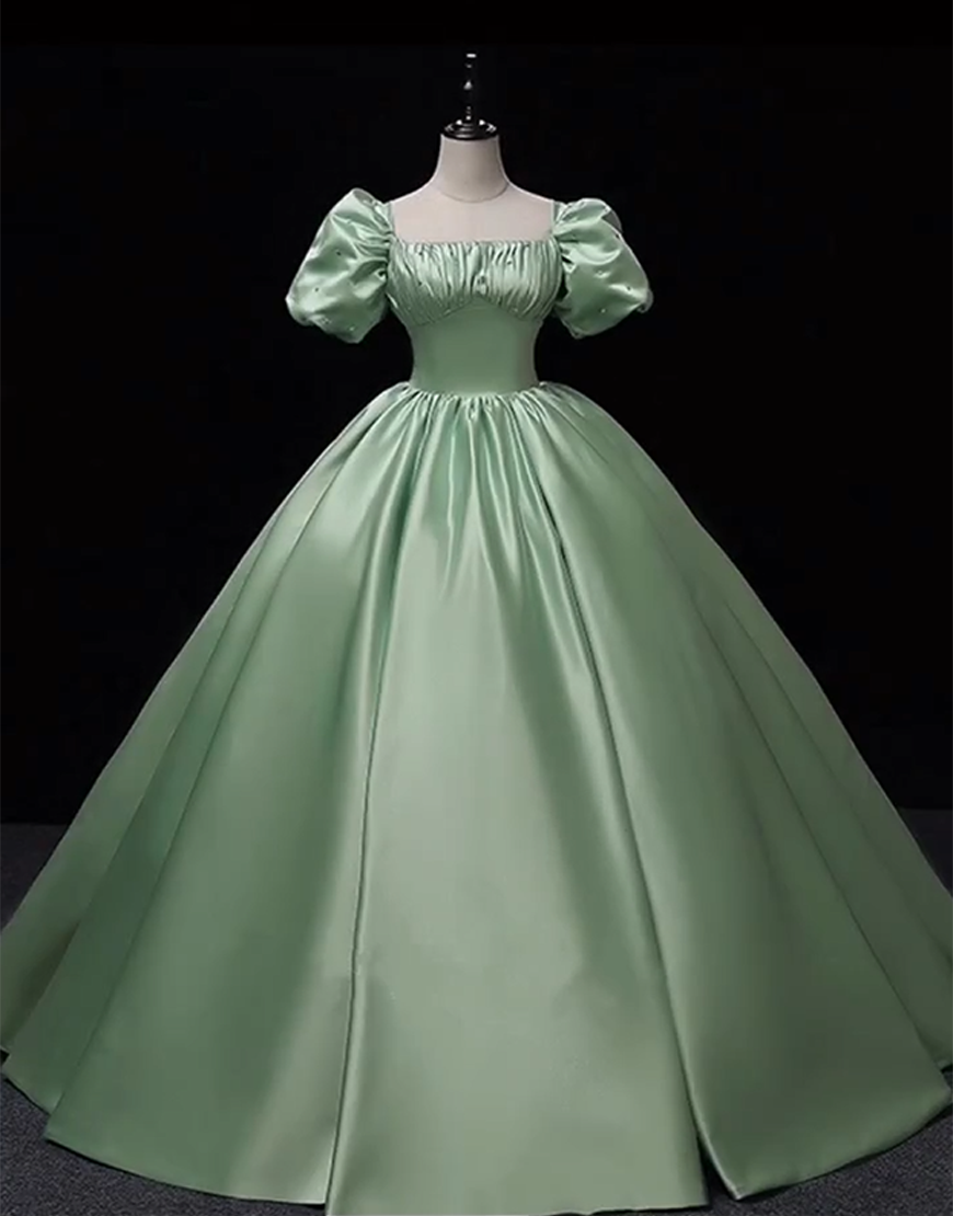 Sage Satin Square Neck Princess Ball Gown Long Quinceanera Dress with Sleeves