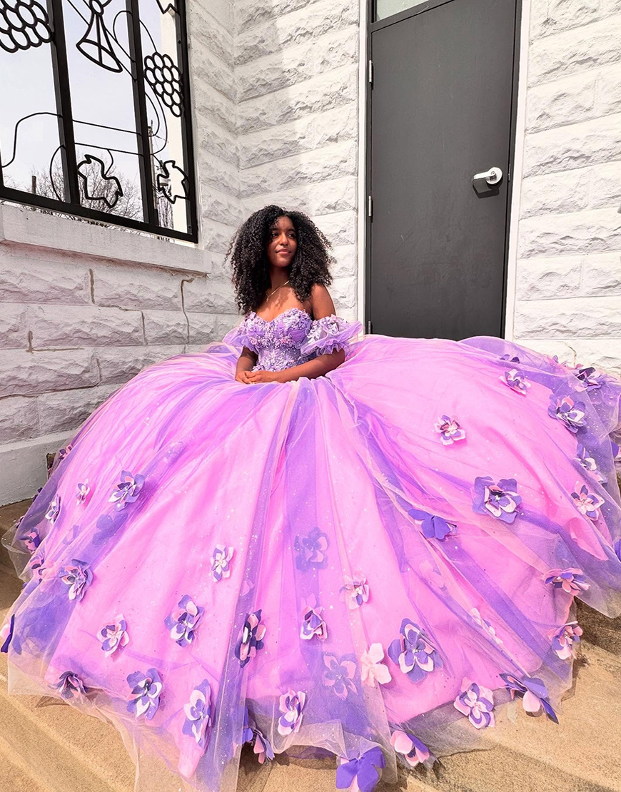 Sparkly Lilac Floral Princess Tulle Ball Gown Long Quinceanera Dress with Ruffles