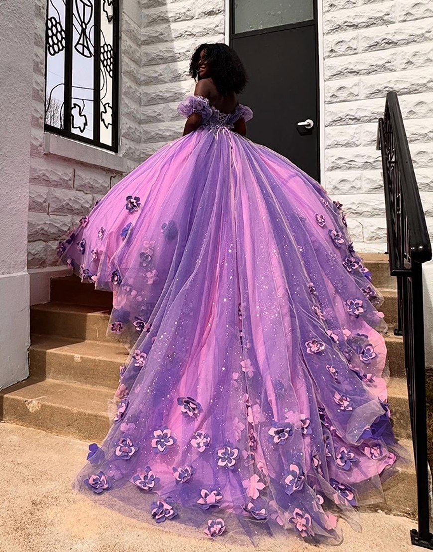 Sparkly Lilac Floral Princess Tulle Ball Gown Long Quinceanera Dress with Ruffles