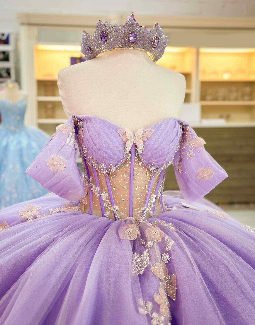 Sparkly Lilac Corset Beaded Tulle Princess Ball Gown Long Quinceanera Dress with Appliques