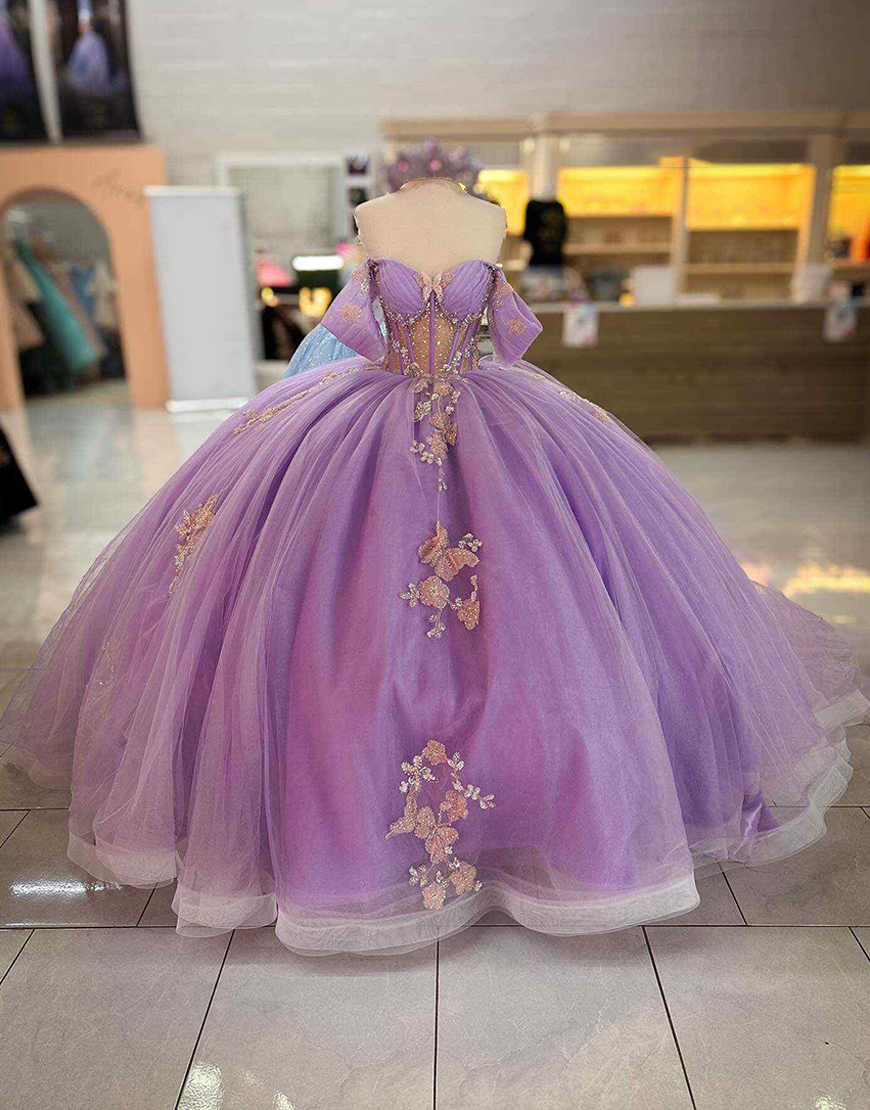 Sparkly Lilac Corset Beaded Tulle Princess Ball Gown Long Quinceanera Dress with Appliques