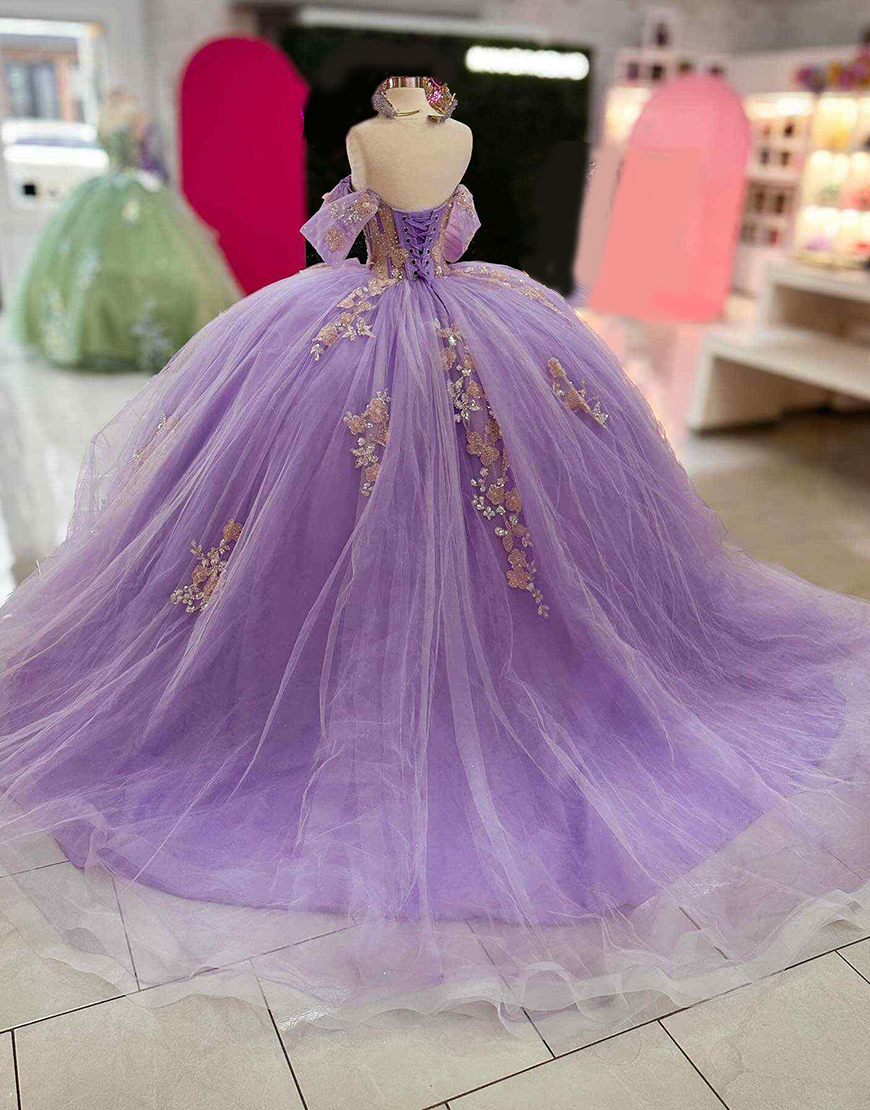 Sparkly Lilac Corset Beaded Tulle Princess Ball Gown Long Quinceanera Dress with Appliques