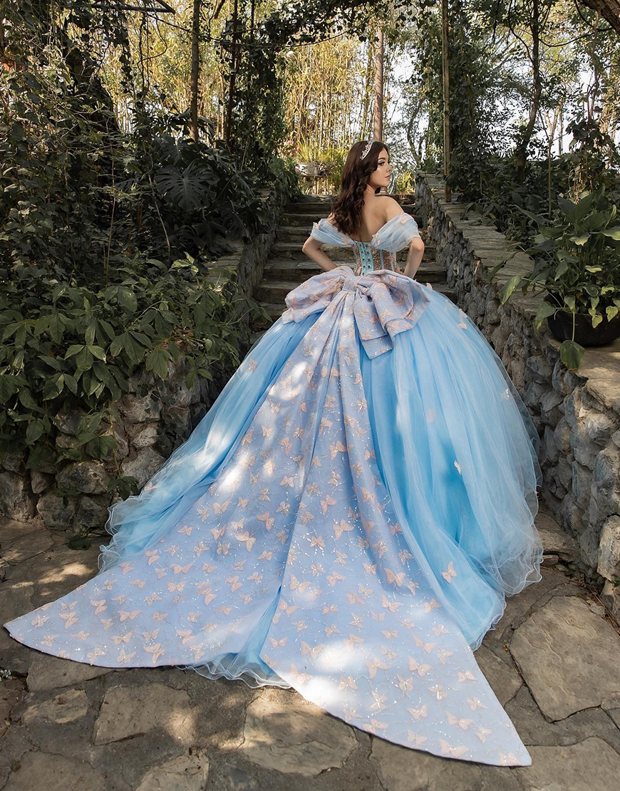 Sparkly Light Blue Beaded Corset Long Princess Ball Gown Long Quinceanera Dress with Butterflies