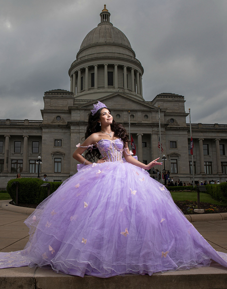 Sparkly Lilac Corset Tulle Long Beaded Ball Gown Quinceanera Dress with Butterflies