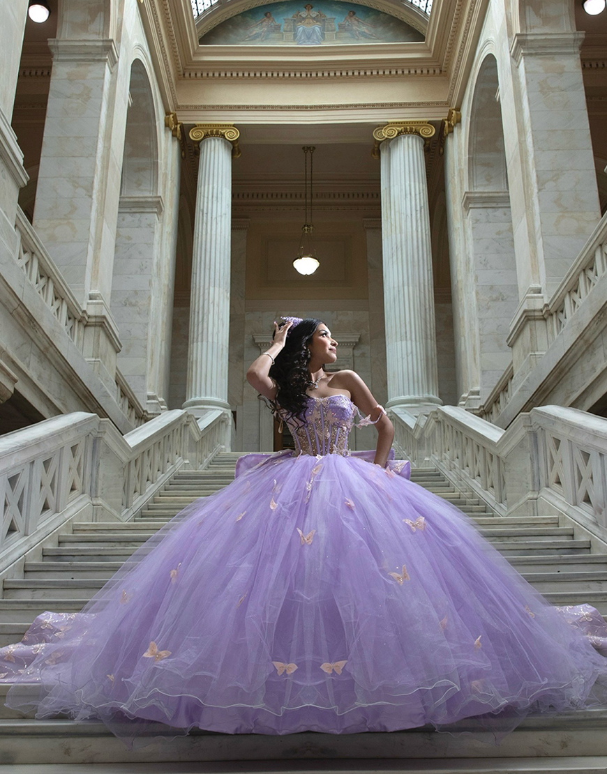 Sparkly Lilac Corset Tulle Long Beaded Ball Gown Quinceanera Dress with Butterflies