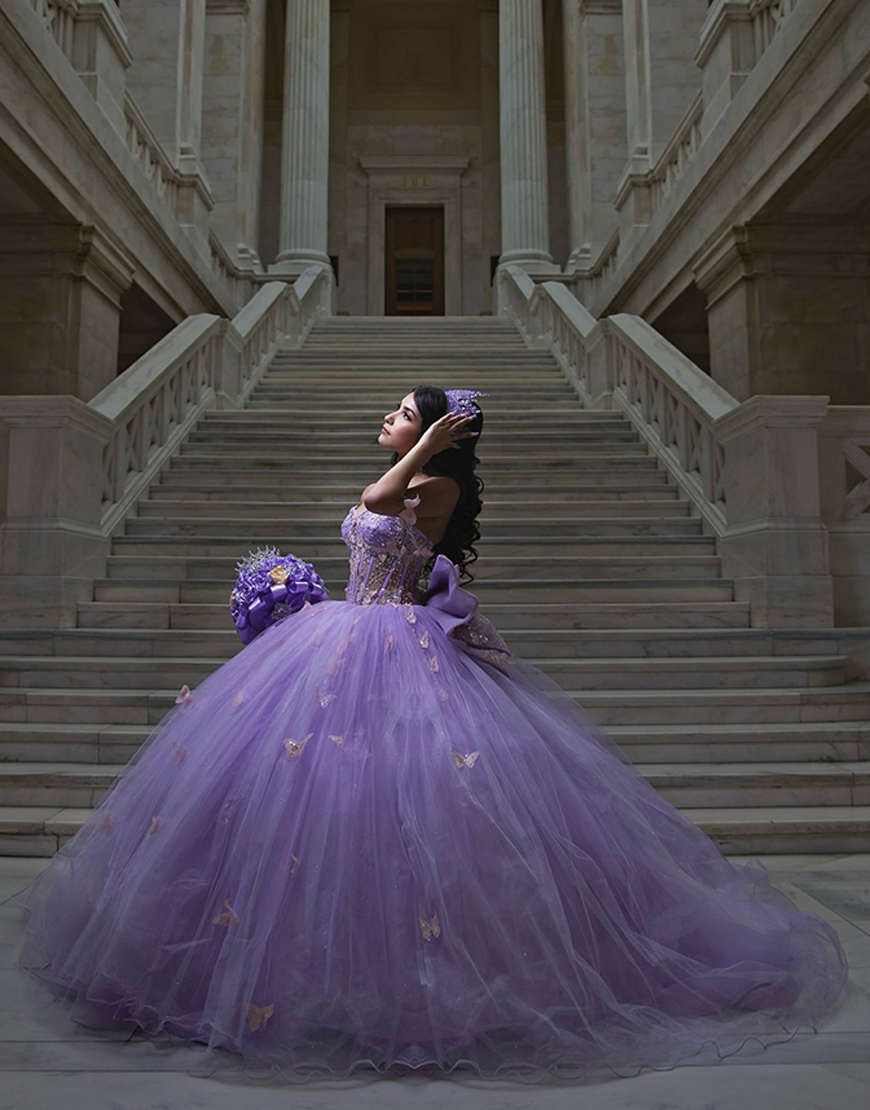 Sparkly Lilac Corset Tulle Long Beaded Ball Gown Quinceanera Dress with Butterflies