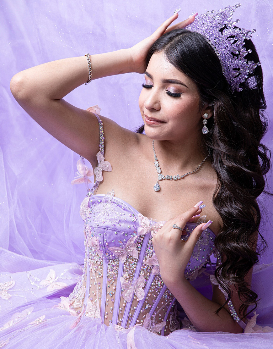 Sparkly Lilac Corset Tulle Long Beaded Ball Gown Quinceanera Dress with Butterflies
