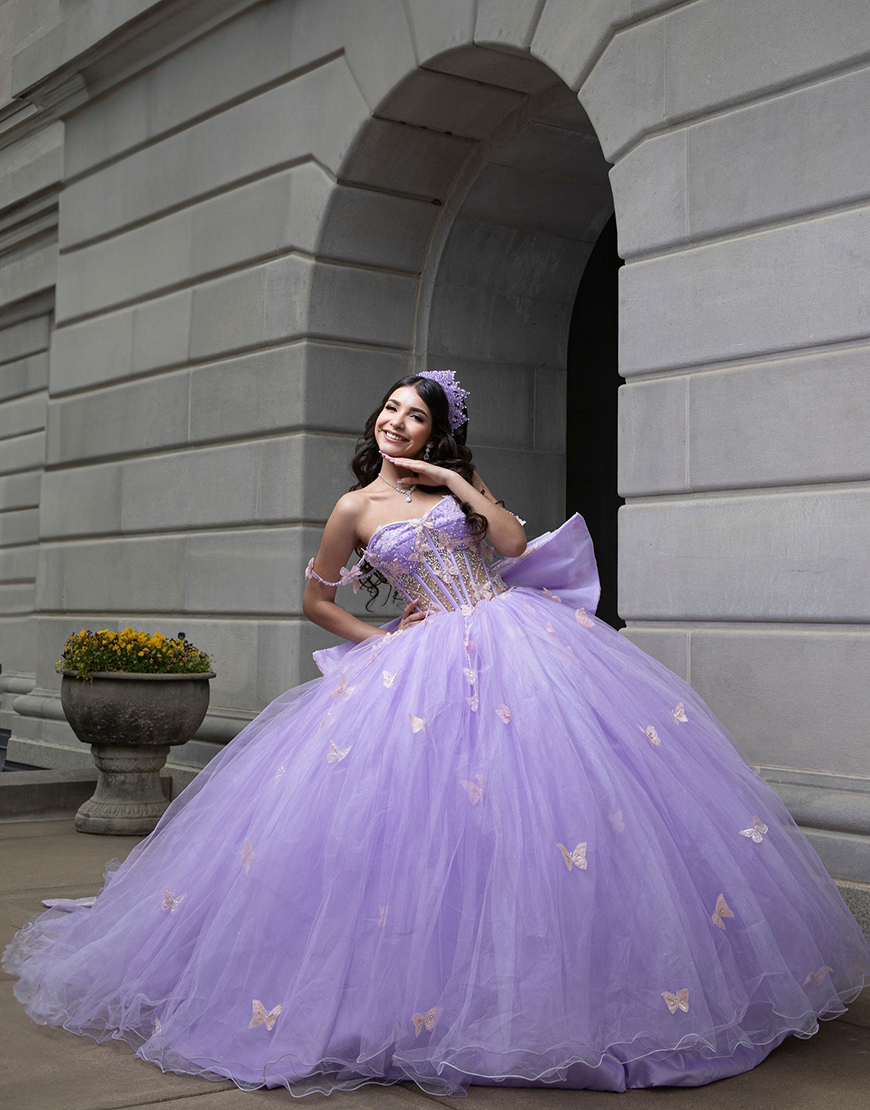 Sparkly Lilac Corset Tulle Long Beaded Ball Gown Quinceanera Dress with Butterflies